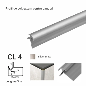 CL 4, Внешний угловой профиль для панелей, 4 мм*3 м Silver Matt