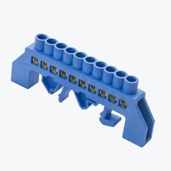 Шина N нулевая 6х9мм c изолятором на DIN рейку на 10 отверстий синяя MegaWatt