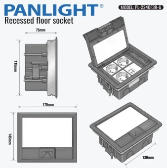 Розетка напольная в пол 1 RJ45 + 3 x 2P+E, люк на 4 модуля, IP44, Серый