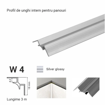 W4, Внутренний угловой профиль для панелей, 3 м Silver Glossy