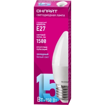 Лампа светодиодная OLL LED 15W E27 6500K C37 Candle ONLAIT 90457