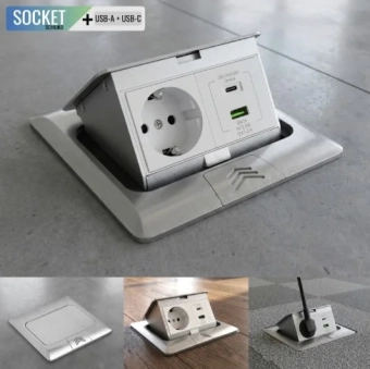 Розетка встраиваемая в пол 1xSchuko, USB A+C 18W, лючок напольный микролифт, металлическая IP44
