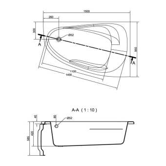 ВАННА JOANNA NEW 1500Х950 ПРАВАЯ АСИММЕТРИЧНАЯ С ПАНЕЛЬЮ