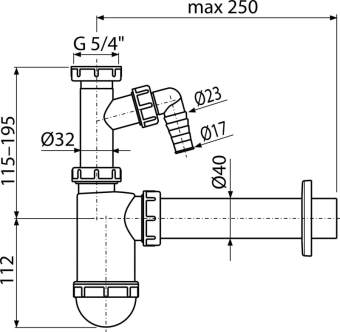 Сифон для умывальника DN40 со штуцером и накидной гайкой 5/4", A43P, Alcaplast