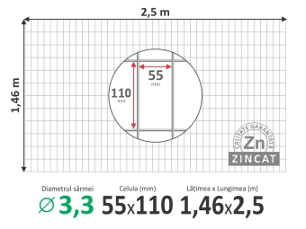 Сетка сварная оцинкованная для клеток и габионов; Ø3,3мм; H-1,46м; L-2,5м (ячейка 55*110мм)