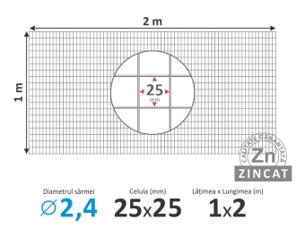 Сетка сварная оцинкованная для клеток и габионов; Ø2,4мм; H-1,0м; L-2,0м (ячейка 25*25мм)