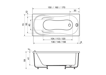 Ванна акриловая PACIFIC 150*70 мм, белая, Manopera