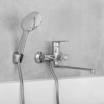 Смеситель для ванны на стену, с гарнитурой для душа и умывальника - MAT│ECO Серия SALMON - однорычажный, хром