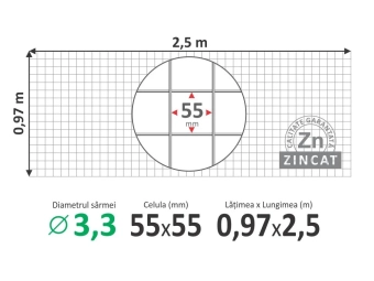 Сетка сварная оцинкованная для клеток и габионов; Ø3,3мм; H-0,97м; L-2,5м (ячейка 55*55мм)