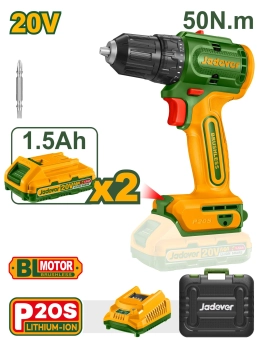 Дрель-шуруповерт беспроводная на аккумуляторе 20V 0-550-2000rpm + 2 аккумулятора; Jadever