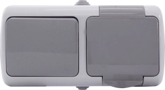 Розетка + выключатель одноклавишный IP44, с крашкой и заземлением серый