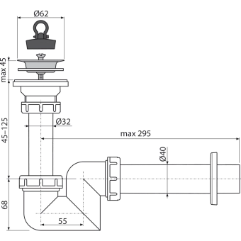 Сифон для умывальника S-образный DN40 с нержавеющей peшeткой DN63 + Гибкое соединение (гофра) AlcaPlast A77 6/4x40/50 пластмасса